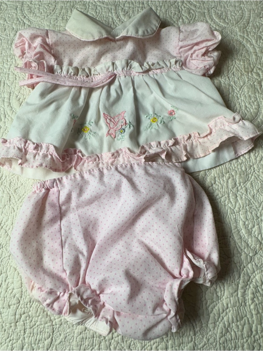 Vinatge Baby Girls Pink Embroidered 2-Piece Dress Set with bloomers